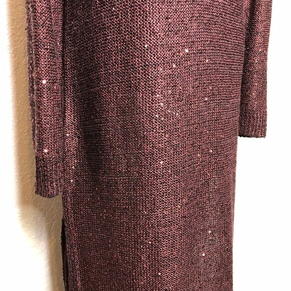 WHBM maroon wine sequin embellished long open front duster cardigan size Large - Picture 12 of 15